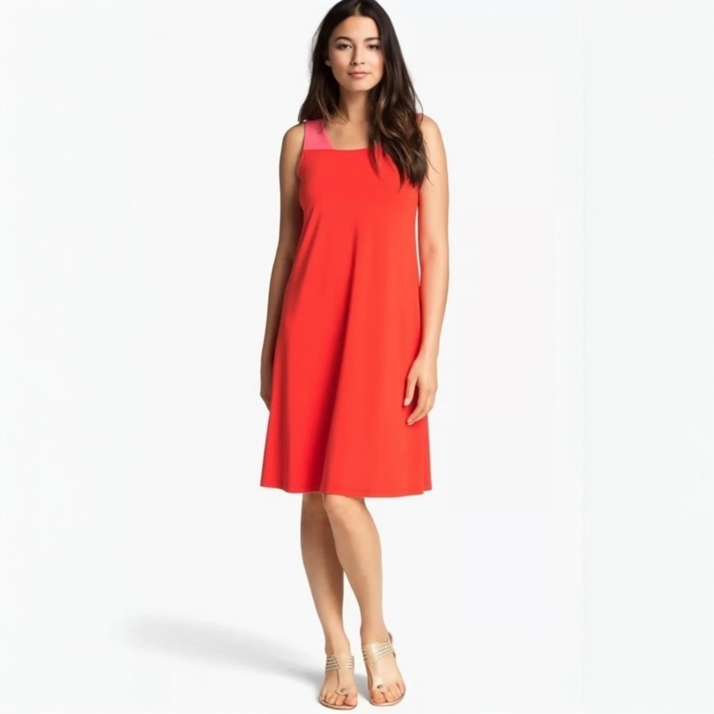 Eileen Fisher Colorblock Cutout Midi Dress Size Medium Red Pink